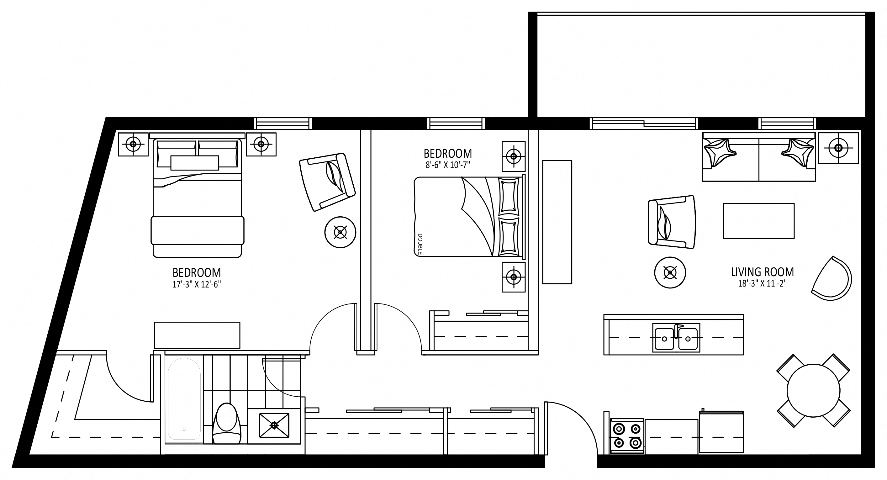 Floor plan for 2 beds, 1 bath, 822 sqft